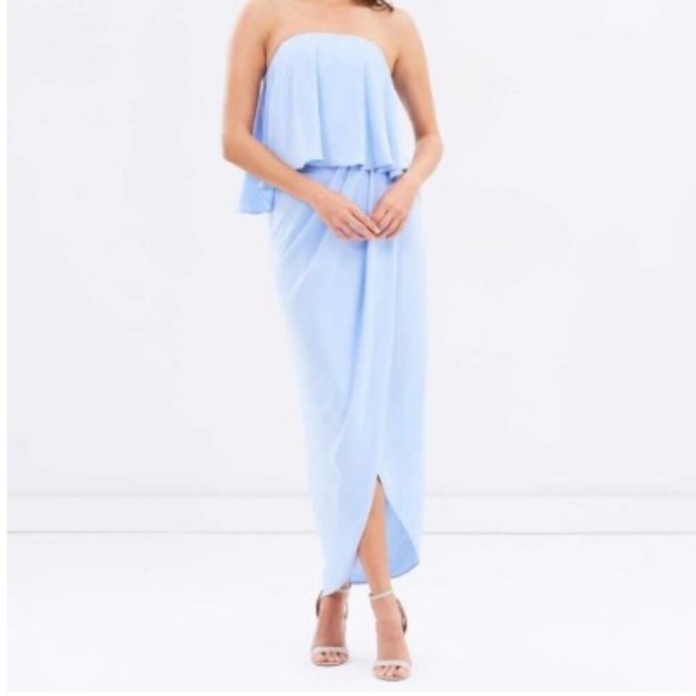 Shona Joy Light Blue Strapless Overlay Maxi Dress Draped Wrap Skirt Minimalist 6